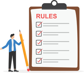 Rules and regulations, policy and guideline for employees to follow, legal terms, corporate compliance or laws, standard procedure concept, businessman finish writing rules and regulations document.

