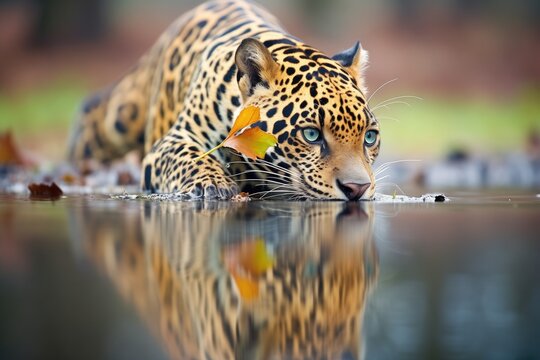 reflection of jaguar drinking water from a still pond