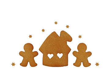 Gingerbread men, house and falling snowflakes isolated on white background. Romantic Christmas or winter concept, copy space for text