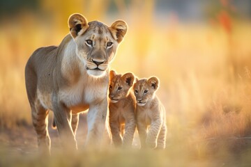 lioness with cubs in golden hour light - obrazy, fototapety, plakaty