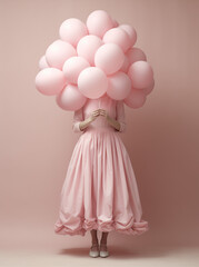 Woman in dress holding pink baloons in her hand.