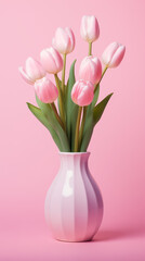 Vase with bouquet of pink tulips on pink background. Spring concept.