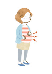 お腹が張って心配そうな妊婦さんの手描きイラスト