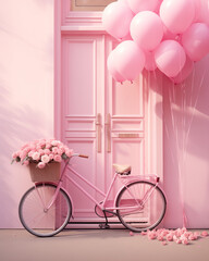 Fototapeta na wymiar Pink concept of bicycle with basket with flowers and baloons. Party decoration.