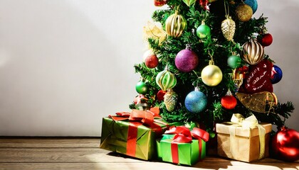 Fototapeta na wymiar big beautiful christmas tree decorated with beautiful shiny baubles and many different presents on wooden floor white wall background with a lot of copy space for text close up