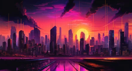 Foto op Canvas Synth wave retro city landscape background sunset © Marharyta