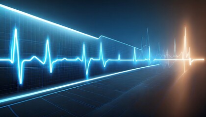 cardiogram cardiograph oscilloscope screen blue illustration background emergency ekg monitoring blue glowing neon heart pulse heart beat electrocardiogram - obrazy, fototapety, plakaty