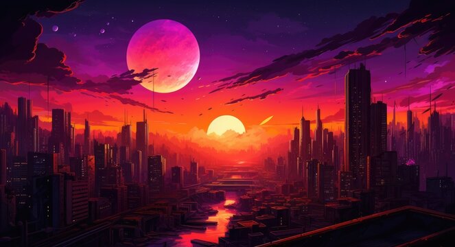 Synth wave retro city landscape background sunset
