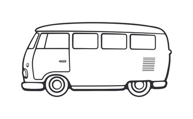 Retro hippie van for road trip and beach vacation. Vector illustration. Hand drawn Doodle isolated on white background. Sketch style outline drawing