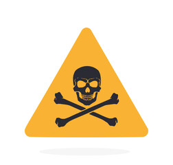 Danger symbol with skull and crossbones. Vector illustration. Triangular caution danger sign. Warning symbol. Flat icon isolated on white background