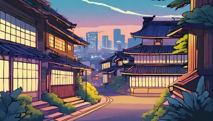 Fototapeten a beautiful japanese tokyo city town in the evening houses at the street anime cartoonish artstyle cozy lofi asian architecture 16 9 4k resolution generative ai © Susan