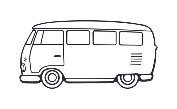 recommend clip art: Retro hippie van for road trip and beach vacation. Vector illustration. Hand drawn Doodle isolated on white background. Sketch style outline drawing