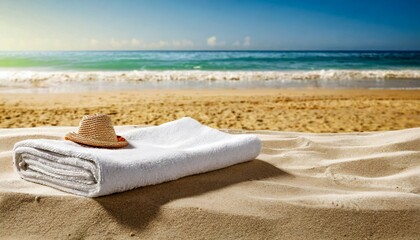 Fototapeta na wymiar towel on sand and beach background