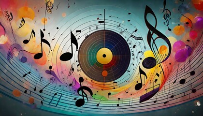 colorful music notes background with sheet music disc and treble clef illustration ai generative