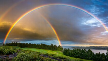 double rainbow in early morning cloudy sky symbolizing god s promise