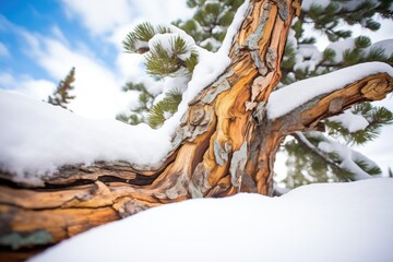 snow clinging to twisted pine trunk