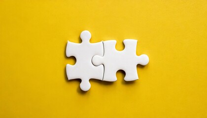 top view two piece of white jigsaw puzzle on a yellow background with copy space