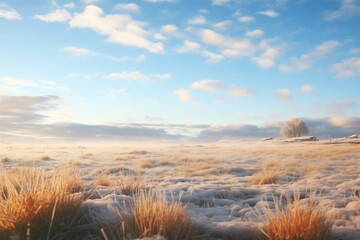 puffy clouds above frosted grasslands in the morning