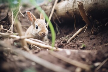 rabbit inside burrow peering out - obrazy, fototapety, plakaty