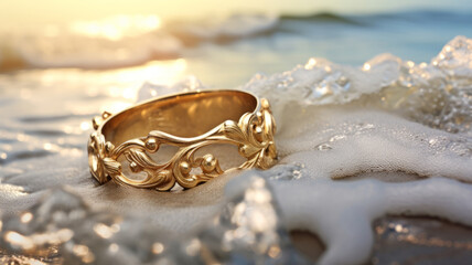 Wedding ring on a send in front of the sea background.