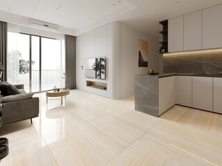 Modern home style kitchen interior with dinning table and kitchen furniture, grey marble countertop, wooden floor. 3D Rendering