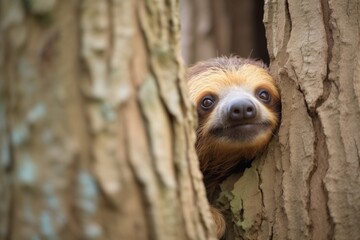 Naklejka premium sloth peeking out from behind a tree