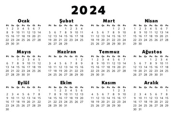 TURKISH calendar for 2024. Printable, editable vector illustration for Turkey. In black color - obrazy, fototapety, plakaty