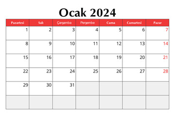 January 2024 turkish month calendar. Vector printable illustration. Planning in Turkey