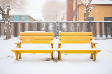 fresh snow on village benches