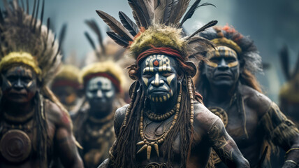 Tribal people with traditional face paint and headdresses in a forest setting.
