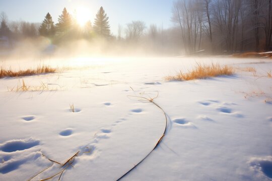 parallel snowshoe tracks fading into a frozen pond fog