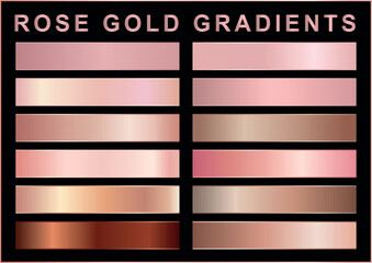 Set of rose gold gradients collection. Foil texture backgrounds. Elegant, shiny and bright gradient collection for chrome button, frame, ribbon, border, label design.