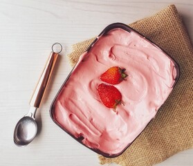 scoop of strawberry ice cream in jar on blurred background