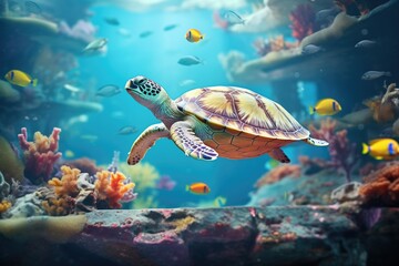 turtle diving underwater in a tank