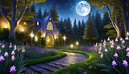 magical fantasy fairy tale scenery night in a forest