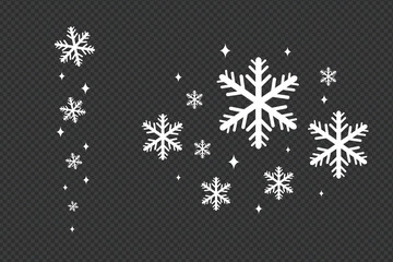 Vector Falling Snowflakes Christmas and New Year decoration isolated on transparent background. White snow flying on transparent. Winter snow flakes isolated design elements.
