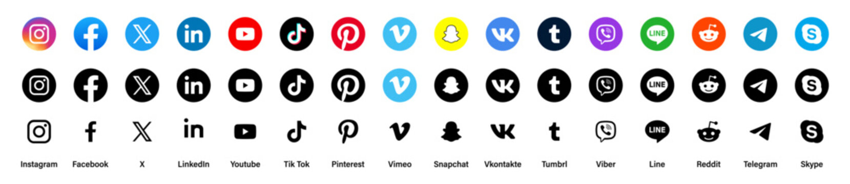 Facebook, instagram, youtube, Twitter, X, whatsapp, tiktok, twitch. Social media icon collection. Editorial vector logo