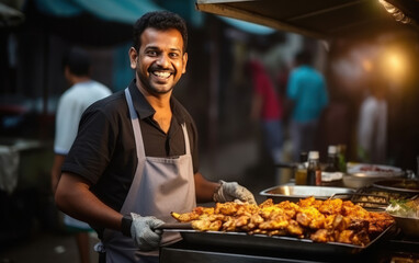indian street food stall owner giving happy expression - obrazy, fototapety, plakaty