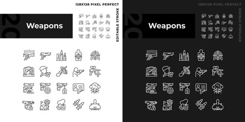 Pixel perfect simple light and dark thin line icons set representing weapons, editable linear illustration.