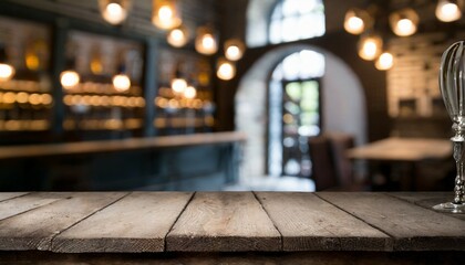 Naklejka premium blurred background of bar and dark brown desk space of retro wood