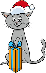 funny cartoon cat with present on Christmas time