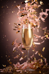 Champagne glass and fireworks of gold confetti and confetti swirls. Gold, pink and brown