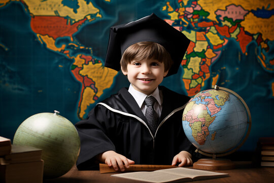 The preschool boy can't wait to learn at school. Concept of International Education Day, January 24. - Powered by Adobe