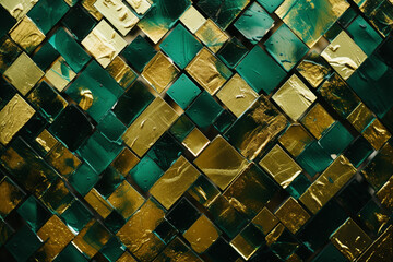 An abstract green and gold mosaic pattern symbolizing luck and prosperity. - obrazy, fototapety, plakaty