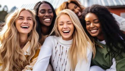 Obraz premium Multicultural group of women having fun together outside, Happy female friends enjoying day out walking on city street, Feminism life style with different girls smiling together