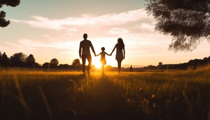 Silhouette of happy family walking in the meadow at sunset, Mother, father and child son having fun outdoors enjoying time together, Family, love, mental health and happy lifestyle