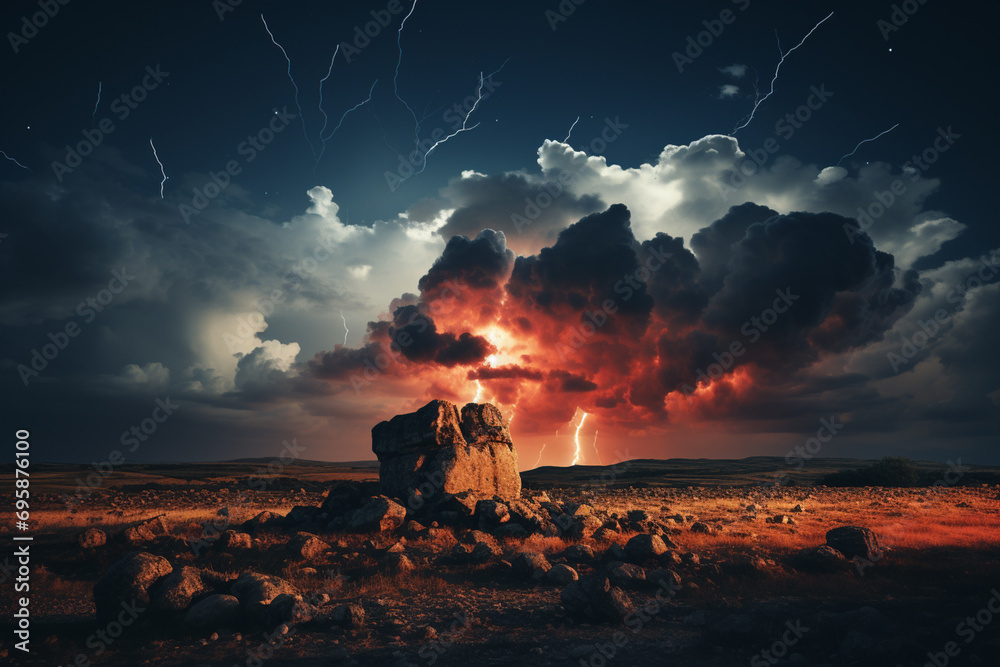 Poster a visual of erratic lightning strikes against the backdrop of a calm, starry night.