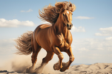 A depiction of a galloping horse, its mane and tail illustrated as fluid, dynamic forms.