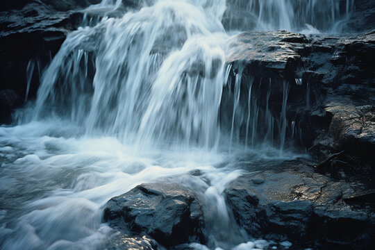 An image of a cascading waterfall, with water droplets frozen in dynamic motion.