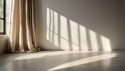 neutral modern empty room with sunlight shadow white blank wall background beige linen curtain and...